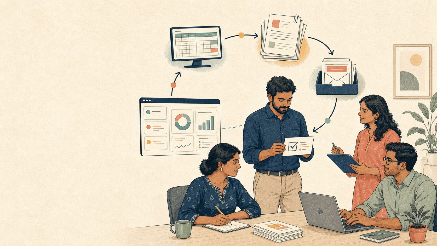 An Indian operations team connecting business information into a clear workflow with a human approval point